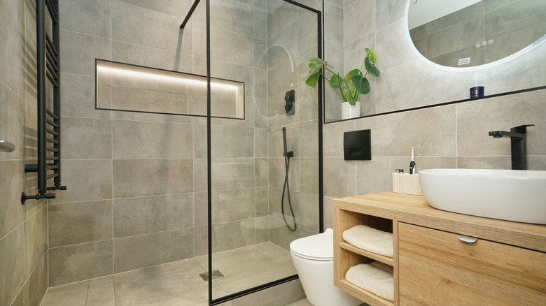 clean bathroom with open shower layout