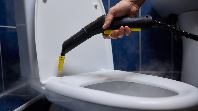 person steam cleaning toilet