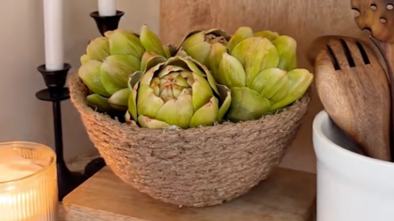 Hand made jute rope bowl sitting on kitchen counter.