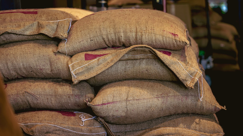 Stacked burlap bags