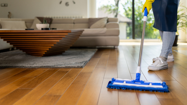 A person mopping the hardwood floor of a living room