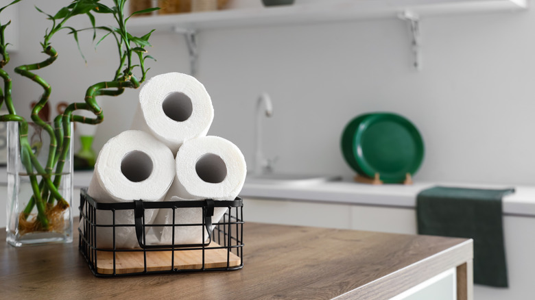Three paper towel rolls in a basket on a kitchen island with a plant in a square vase behind