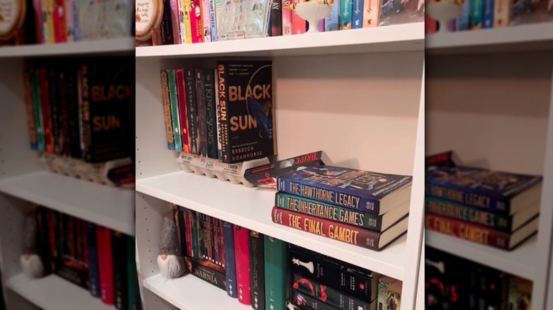 Egg carton being used as a hidden tier to support a second row of books on a shelf