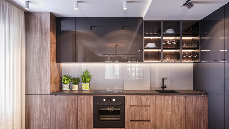 A modern kitchen with tinted glass cabinets filled with kitchenware.
