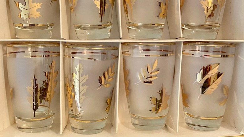 Libbey vintage gold foilage glasses in a box.
