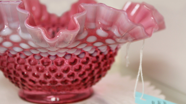 Cranberry opalescent hobnail Fenton bowl