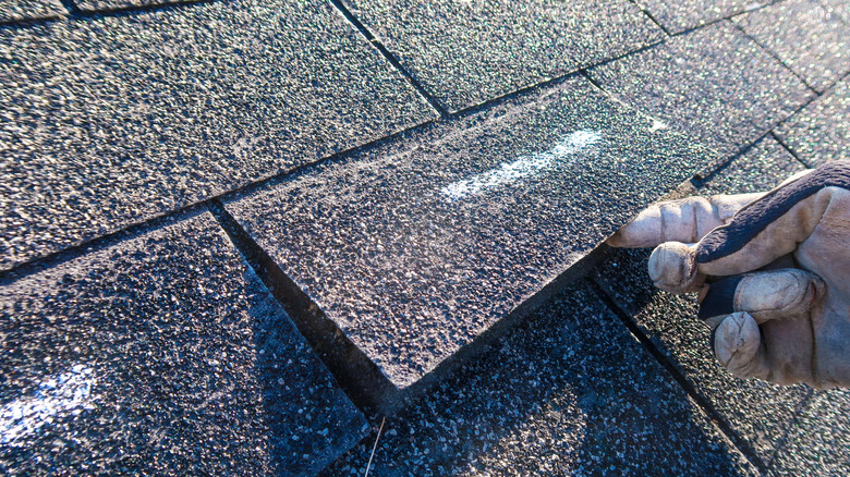 Hand lifting a loose shingle on a roof