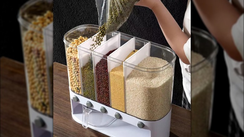 Woman refilling Xilei three-compartment dry goods storage