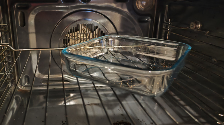 Empty Pyrex dish inside of oven