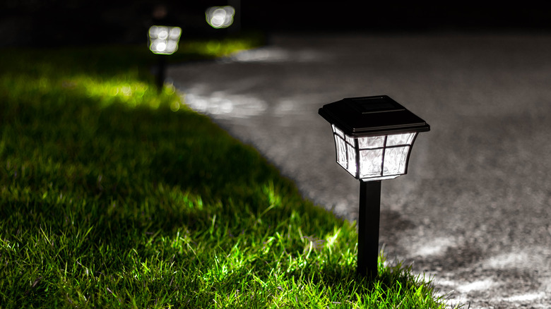 Close-up of a solar lamp on grass next to a pathway