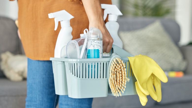 person holding cleaning products