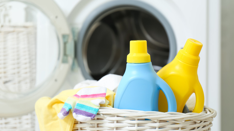 Laundry products inside wicker basket