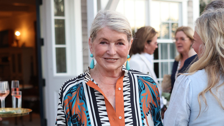 Martha Stewart poses in her yard during a party.