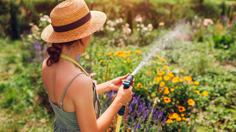 A woman watering flowers in a garden