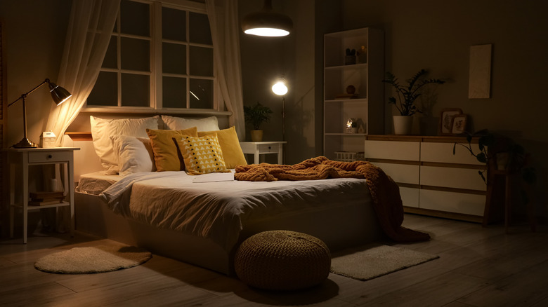 A dark bedroom with a few plants