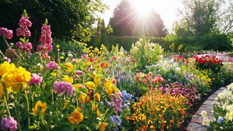 Different types of flowers in a spring garden