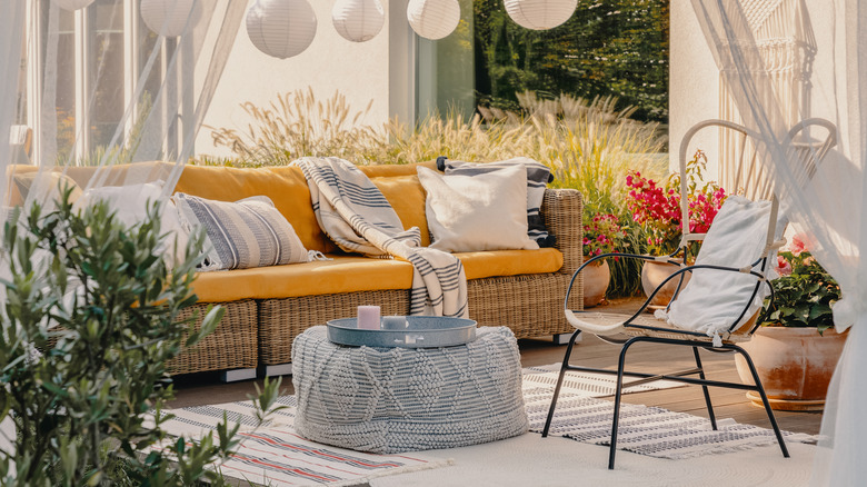 beautiful patio with sheer curtains