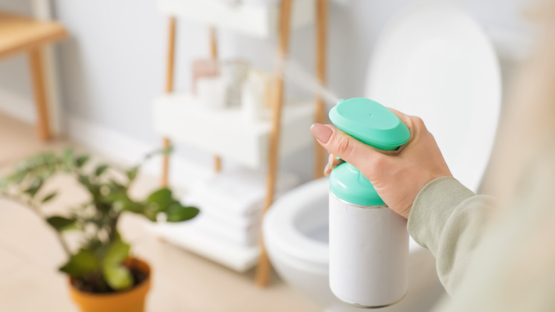 Spraying air freshener in bathroom