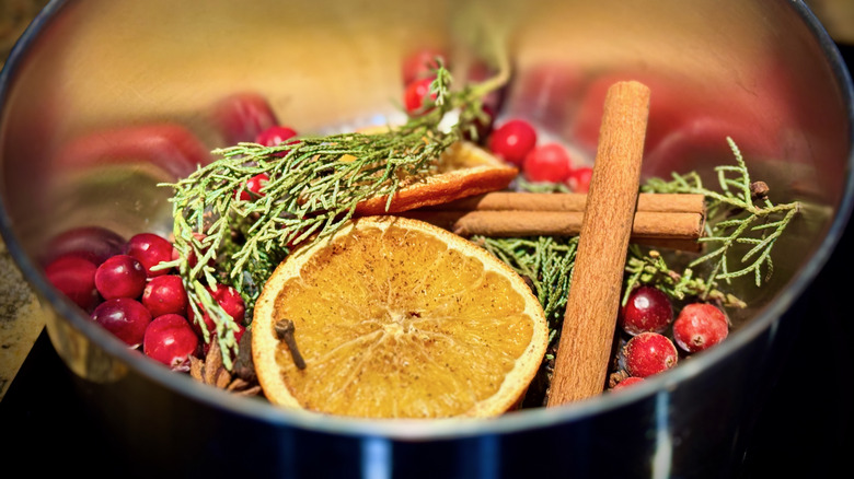 Close up of Christmas simmer pot with cinnamon, cranberries, and oranges