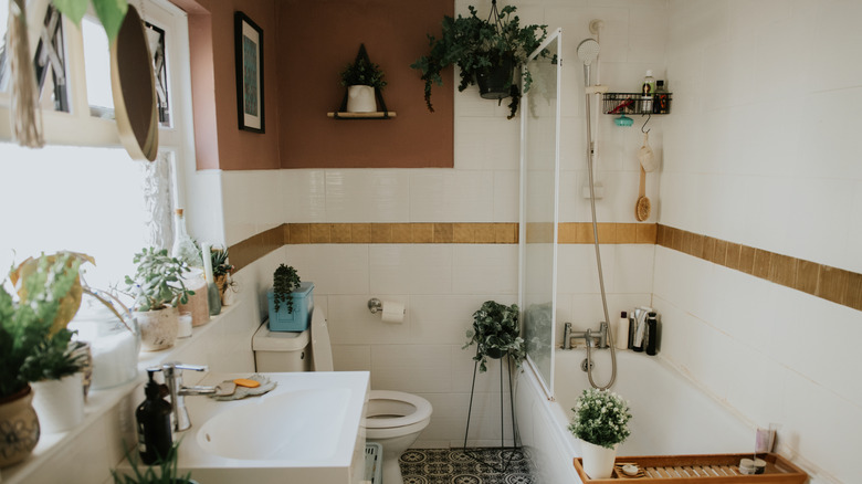 Bathroom with earthy neutrals and hanging plants
