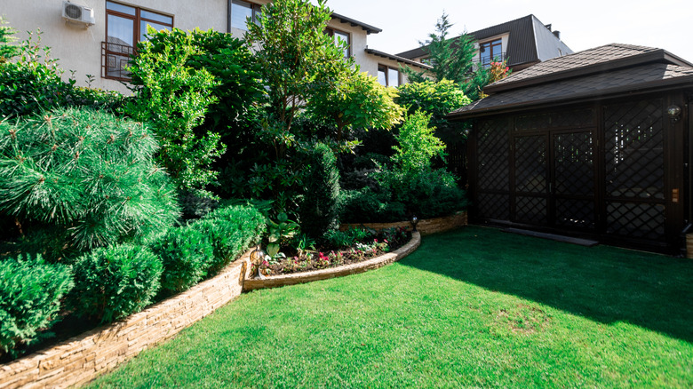 Lush green yard with a dark brown gazebo