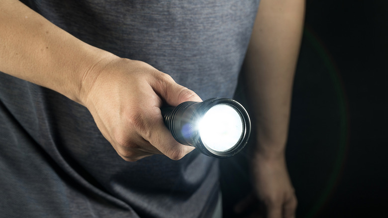 A person holding an illuminated flashlight indoors