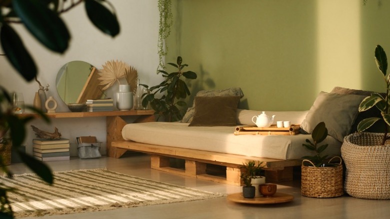 biophilic interior with plants in woven baskets and wood furniture