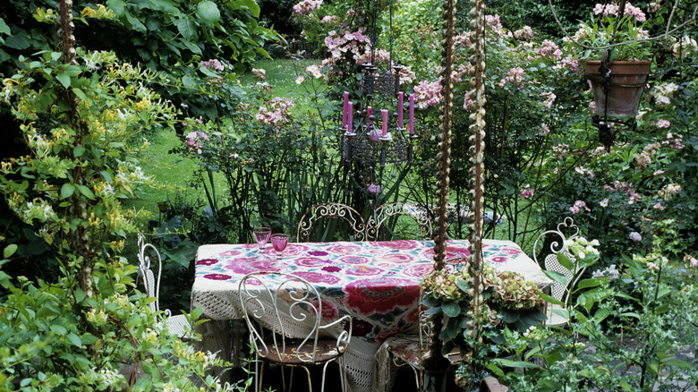Gothic inspired garden with flowers and shrubs