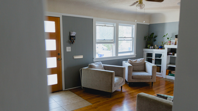 View of a living room from a hallway.