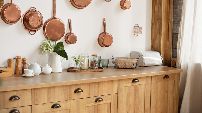 Kitchen counter with copper pots