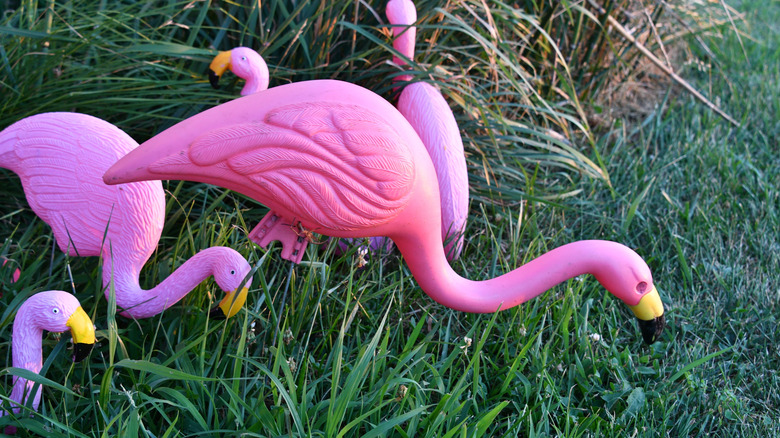 Pink flamingo decorations in a yard