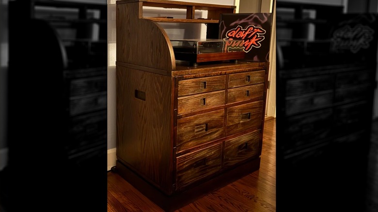 Vintage scroll top desk turned into turntable center