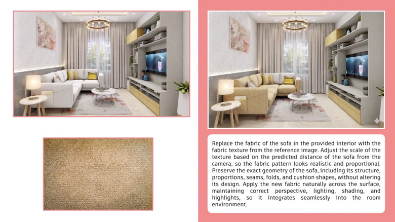 Right photos are a "before" photo of living room and the fabric to be switched on the sofa in edited photo. At right are prompt to tell Nano Banana to make this switch and the resulting edited photo.