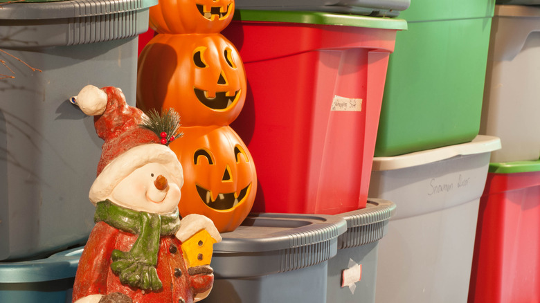 A collection of seasonal totes used for storage.