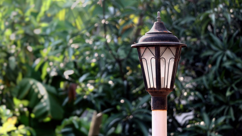 A black and white solar lamp post in a backyard