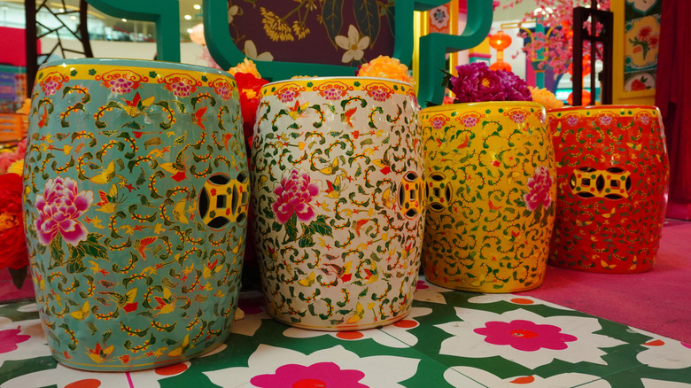 colorful painted garden stools