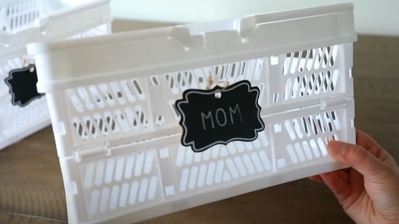 Woman holding Dollar Tree basket labeled Mom