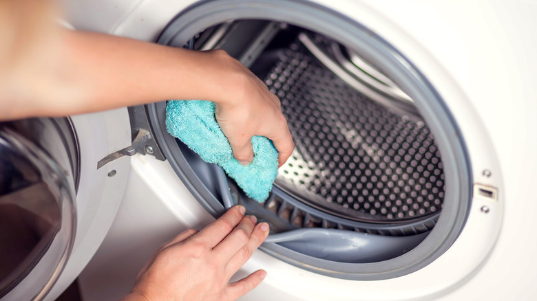 Person cleaning wash machine