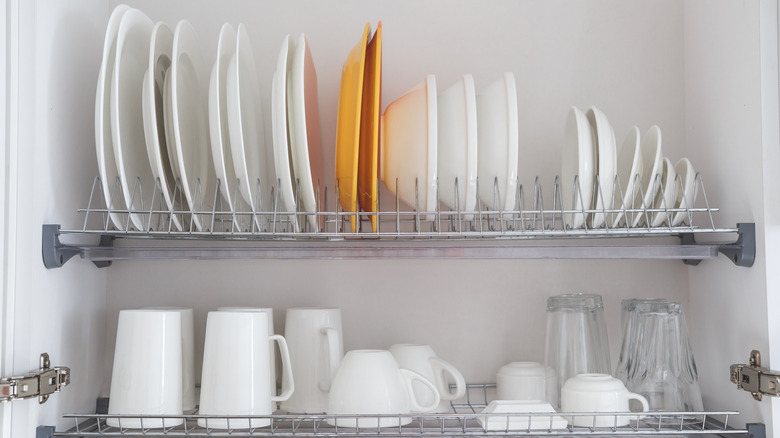 Dishes in a drying cabinet