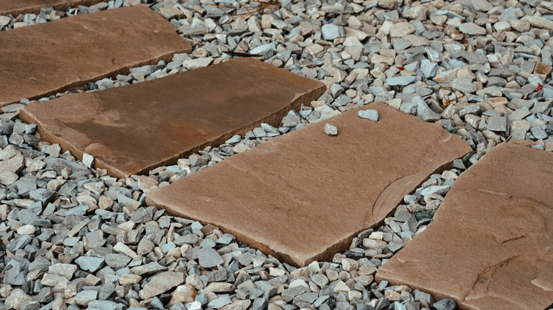 A pathway of smooth natural stone slabs is laid on a bed of small gravel, enhancing the garden's aesthetic appeal.