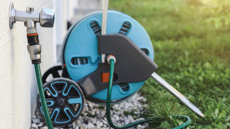An ordinary residential garden hose reel