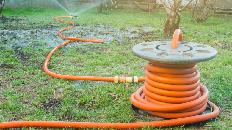 A garden hose stored on a plain spool