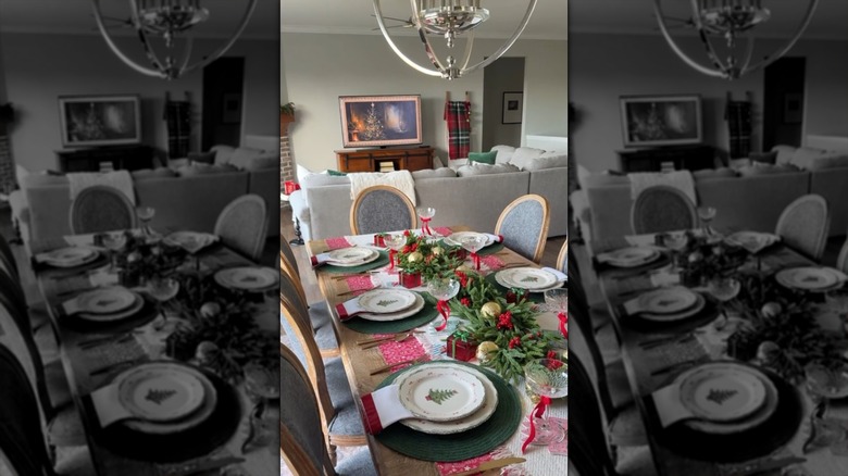 A holiday table with a wrapping paper table runner
