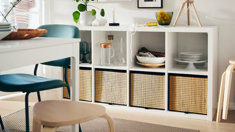 An IKEA KALLAX shelf used in a dining area