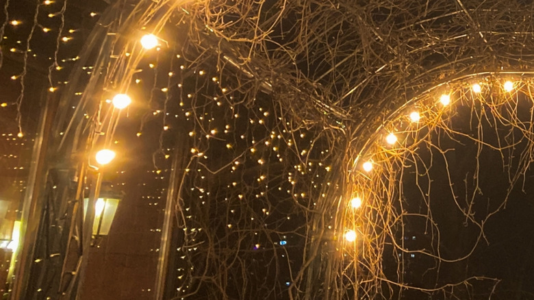 Curved string lights on a frame with trailing fairy lights and a sconce