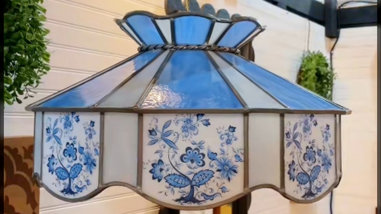 blue and white vintage stained glass pendant light