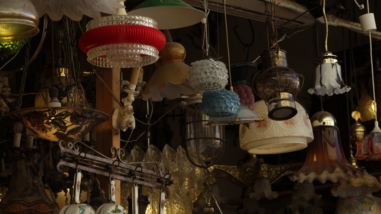 hanging vintage lights in an antique store