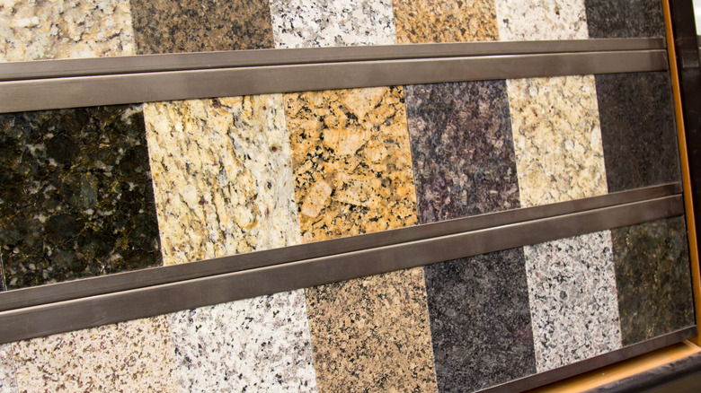 swatches of granite slabs in store
