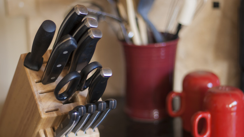 Wood knife block in kitchen