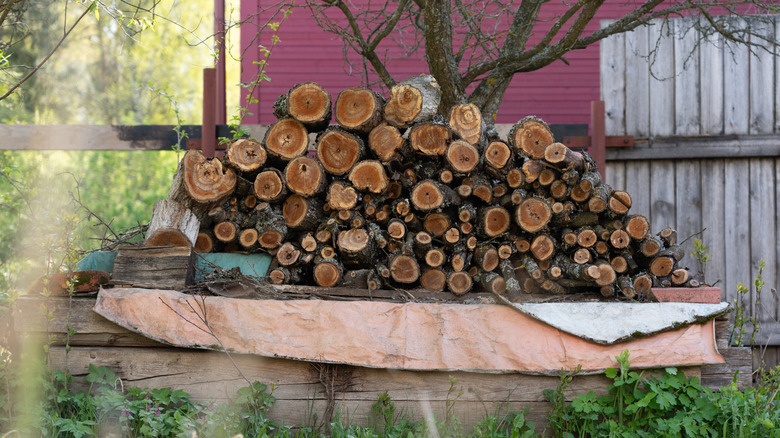 Pile of firewood sitting on a wooden base